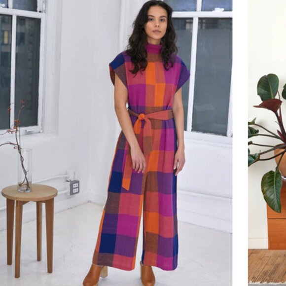 Rujuta Sheth Pants - Rujuta Sheth Comfy Jumper Jumpsuit Purple Orange Aurora Chex Plaid Medium NWT